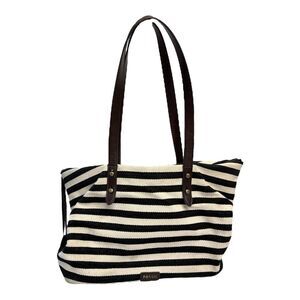 Fossil Jenna Tote Black White Striped Large Zippered Tote Bag Double Handle 12x9